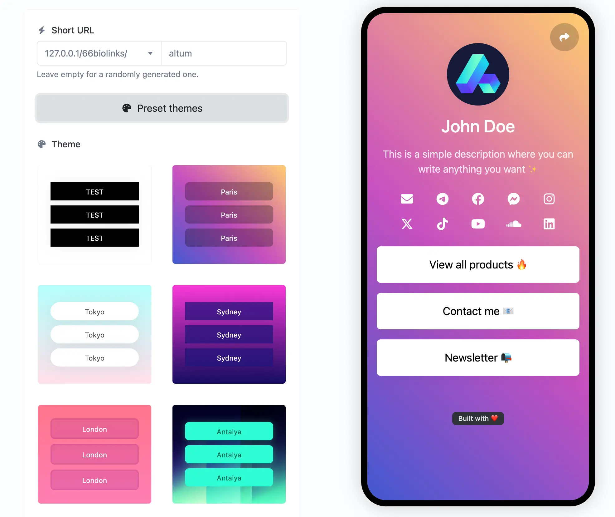 Скриншот страницы редактирования био-ссылок приложения